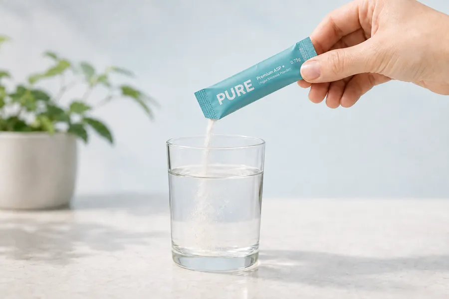 A sachet of Pure ASP+ being poured into a glass of water