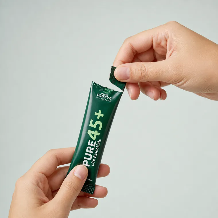Tearing open a Pure 45+ sachet